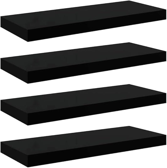 Set of 4 High Gloss Black Floating Wall Shelves, Honeycomb MDF with Metal Frame for Modern Home Decor and Storage