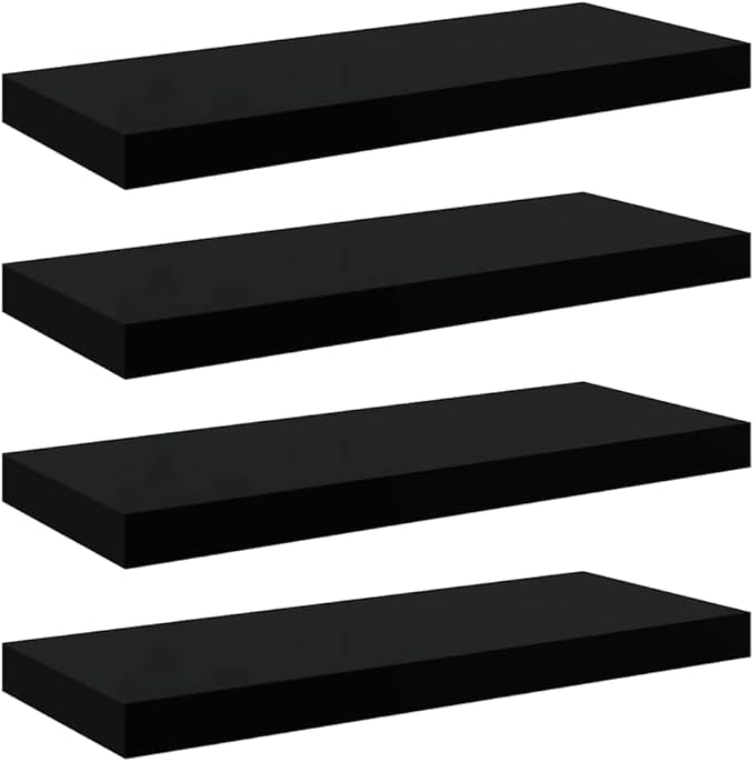 Set of 4 High Gloss Black Floating Wall Shelves, Honeycomb MDF with Metal Frame for Modern Home Decor and Storage