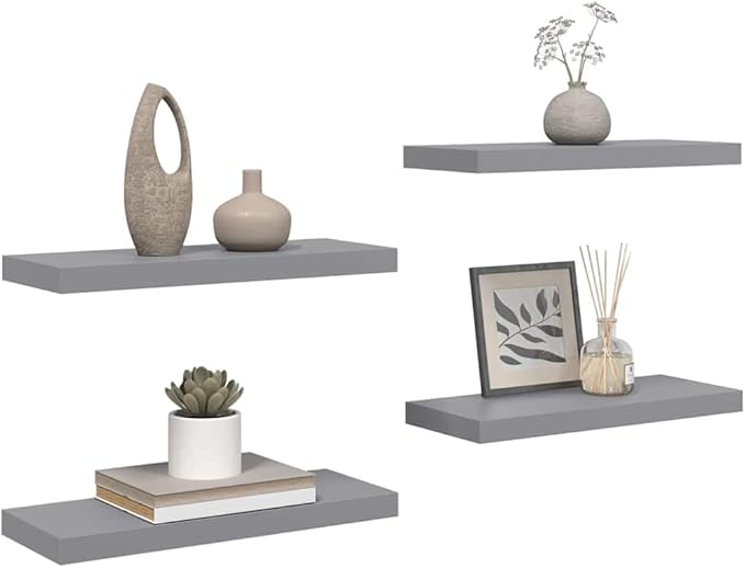 Set of 4 Grey Honeycomb MDF Floating Wall Shelves with Metal Brackets, Modern Matte Finish for Living Room Bedroom Office, Durable Storage Display Organizer