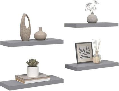 Set of 4 Grey Honeycomb MDF Floating Wall Shelves with Metal Brackets, Modern Matte Finish for Living Room Bedroom Office Display and Storage