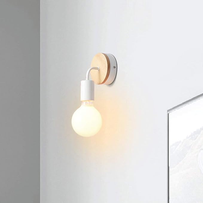 Vintage Loft Style Wooden Base Wall Lights Metal Lamp Minimalist Indoor Wall Sconces E26 Lamp Holder Lighting for Living Room Bedrooms (Bulb Sold Separately) (White)