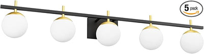 Ralbay Mid Century Modern Bathroom Vanity Light Fixture 5 Light Milky Glass Globe Modern Bathroom Light Fixture Over Mirror, Black/Golden 5 Light