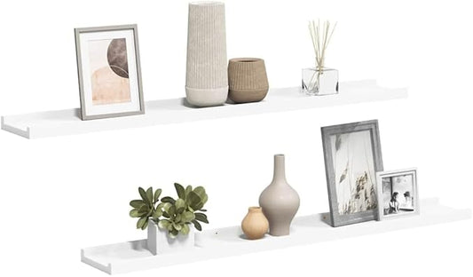 Picture Frame Ledge Shelves Set of 2, White Wall Mounted Display Shelves for Photos and Decor, 31.5 Inch Floating Shelf, Easy Install MDF Board with Protective Front Edge