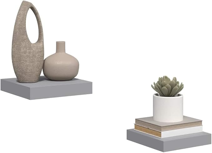 Gray MDF Floating Wall Shelf Set of 2, 9.1x9.3x1.5 Inch Square Shelves for Modern Home Decor, Easy Installation, Durable Storage Display for Books and Collectibles