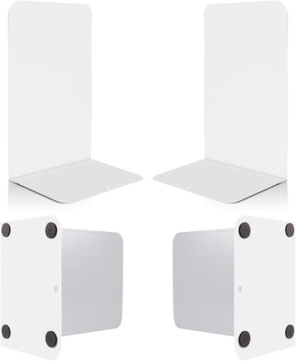 VONDERSO Metal Bookends White, 2 Pairs Metal Bookends Heavy Duty for Shelves Decor Home Office, Unique White Book Ends Supports Anti-Slip for Kids Girls
