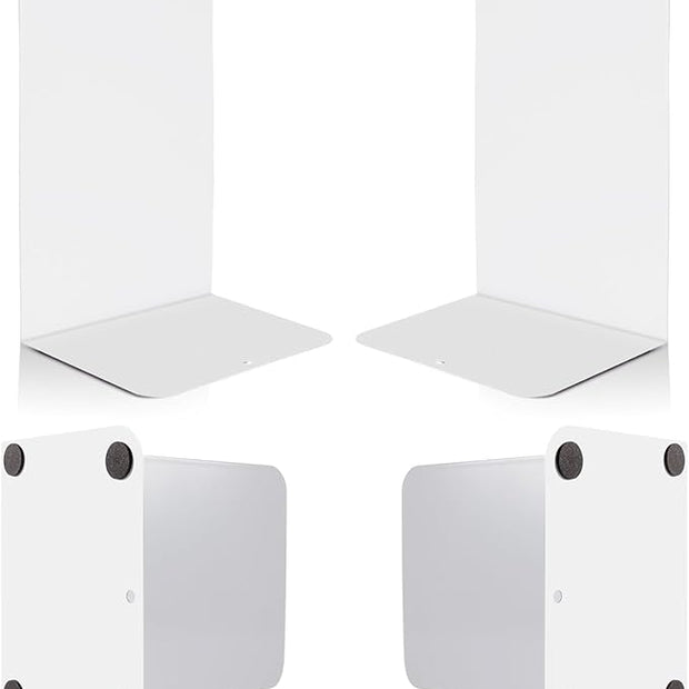 VONDERSO Metal Bookends White, 2 Pairs Metal Bookends Heavy Duty for Shelves Decor Home Office, Unique White Book Ends Supports Anti-Slip for Kids Girls