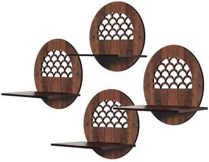 Round Decorative Wall Mounted Floating Shelves, Wooden Scalloped Design, Set of 4, Brown