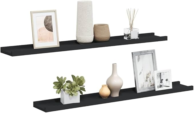 Black Frame Ledge Shelf Set of 2, Modern Wall Mounted Shelves for Display, 31.5 Inch MDF Board with Lacquered Finish for Home Decor and Photo Showcase