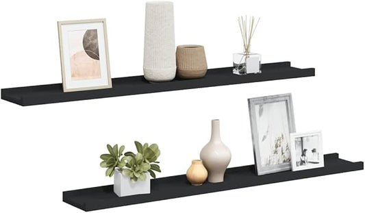 Black Frame Ledge Shelf Set of 2, Modern Wall Mounted Shelves for Display, 31.5 Inch MDF Board with Lacquered Finish for Home Decor and Photo Showcase