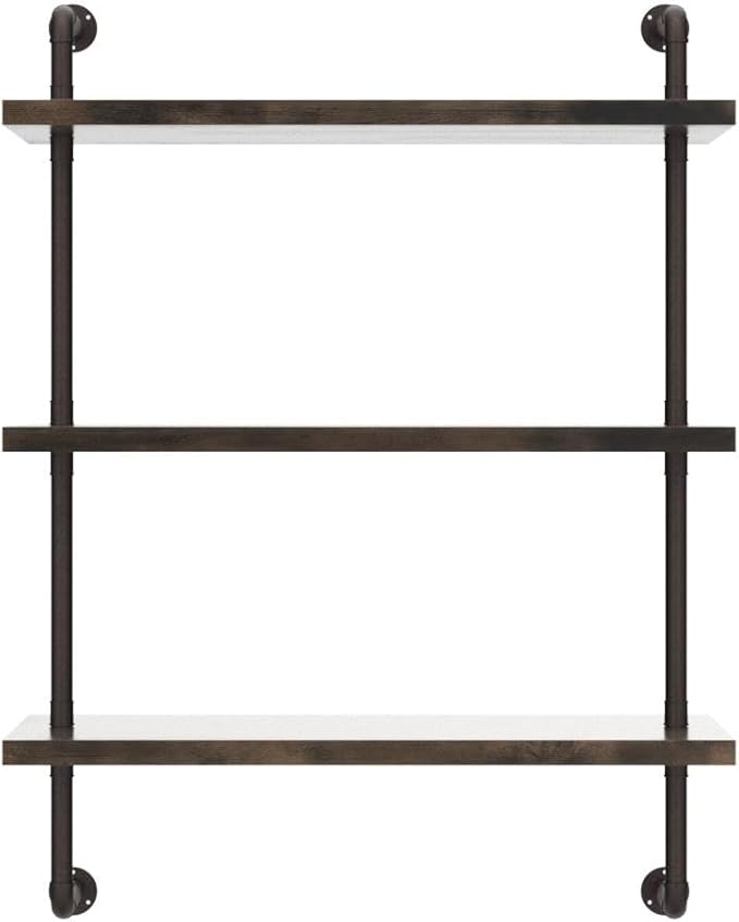 Industrial Pipe Shelf Wall Mounted, Rustic Wood Floating Shelves, 3 Tier Wall Display Bookshelf, Storage Rack Sundries Holder for Kitchen Office Bathroom Organization and Home Decor (24inch x 2)