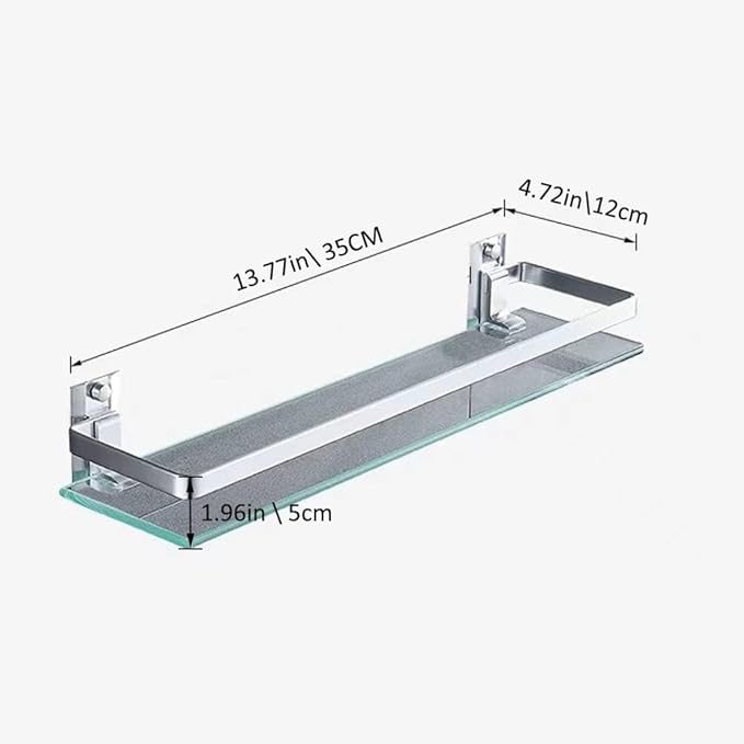 Bathroom Glass Shelf Tempered Glass Rectangular Extra Thick Aluminum Silver Sand Sprayed Wall Mounted 13.77 inches