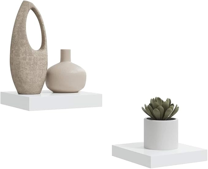 Set of 2 High Gloss White Honeycomb MDF Floating Wall Shelves with Metal Brackets for Modern Home Storage and Display
