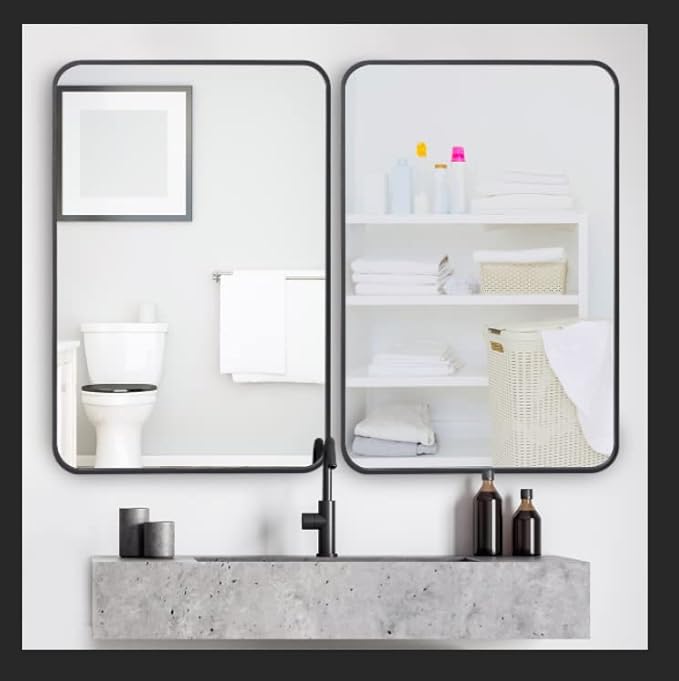 ZenStyle 2 Packs Wall Mount Mirror for Bathroom, 24 x 36 Inch Black Metal Framed Rounded Corner Rectangular Mirror with Peaked Trim for Entryways, Living Rooms, Bathrooms