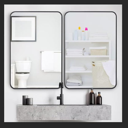 ZenStyle 2 Packs Wall Mount Mirror for Bathroom, 24 x 36 Inch Black Metal Framed Rounded Corner Rectangular Mirror with Peaked Trim for Entryways, Living Rooms, Bathrooms
