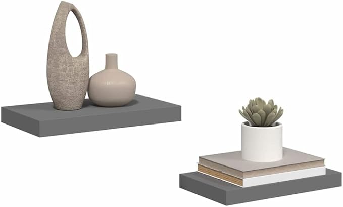 Wall Shelf Set of 2 High Gloss Grey Honeycomb MDF Metal Standard Floating Shelves for Home Decor and Storage