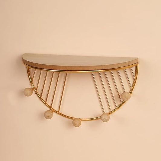 JUNY Semi-Circular Shape Floating Shelves Metal Wall Decor,Wood Wall Mounted Storage Shelf Home Decorations Art for Bedroom Living Room Kitchen Bathroom (Semicircular-Gold)