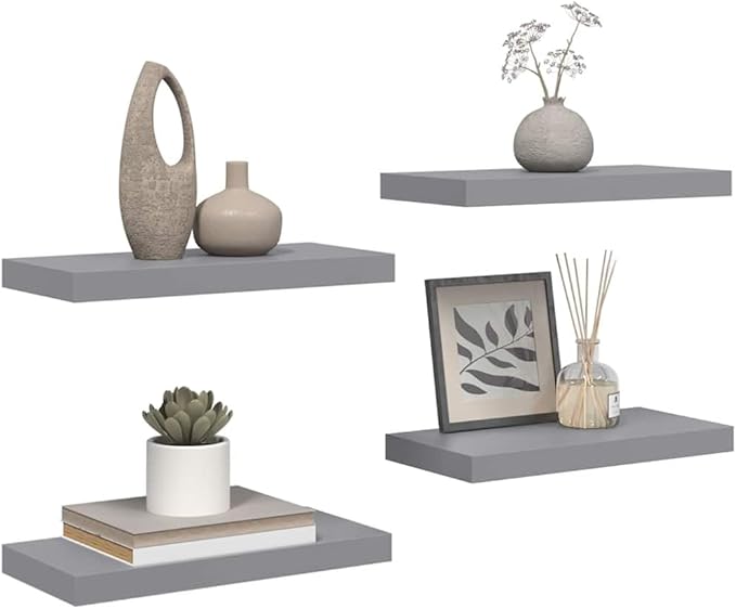 Wall Shelf Set of 4 Gray Honeycomb MDF Metal Medium Floating Shelves for Modern Storage and Display