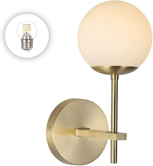 BOKT Brushed Gold Wall Sconce Mid Century Modern 1-Light Globe Round Wall Light Fixture Vintage Bathroom Vanity Wall Sconce Lighting Frosted White Glass Bar Wall Lamp
