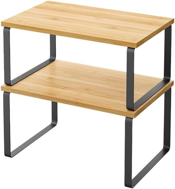 Cabinet Organizer Shelf, Set of 2 Stackable Counter Shelves, Wood and Metal Cabinet Storage Rack, Expandable Kitchen Spice Rack, Multi-Purpose Shelf for Pantry, Bathroom, or Tabletop