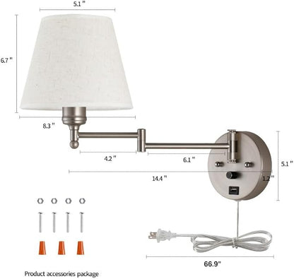 Swing Arm Wall Lamp Wall Mount Lamp with Cord Plug in Wall Sconce Lighting with Dimmable On Off Switch Wall Light with USB Port Plug in Wall Lamp for Bedroom Reading Satin Nickel Finish