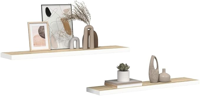 Floating Wall Shelf Set of 2 in Oak and White Honeycomb MDF with Metal Brackets for Modern Home Office Display and Storage