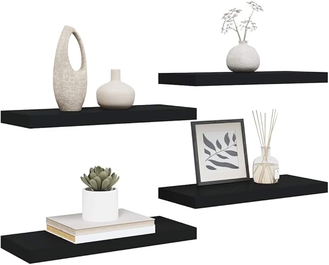 Black Honeycomb MDF Metal Floating Wall Shelf Set of 4, Modern Minimalist Storage for Books and Decor, Durable Engineered Wood Shelving Unit with Easy Mounting System