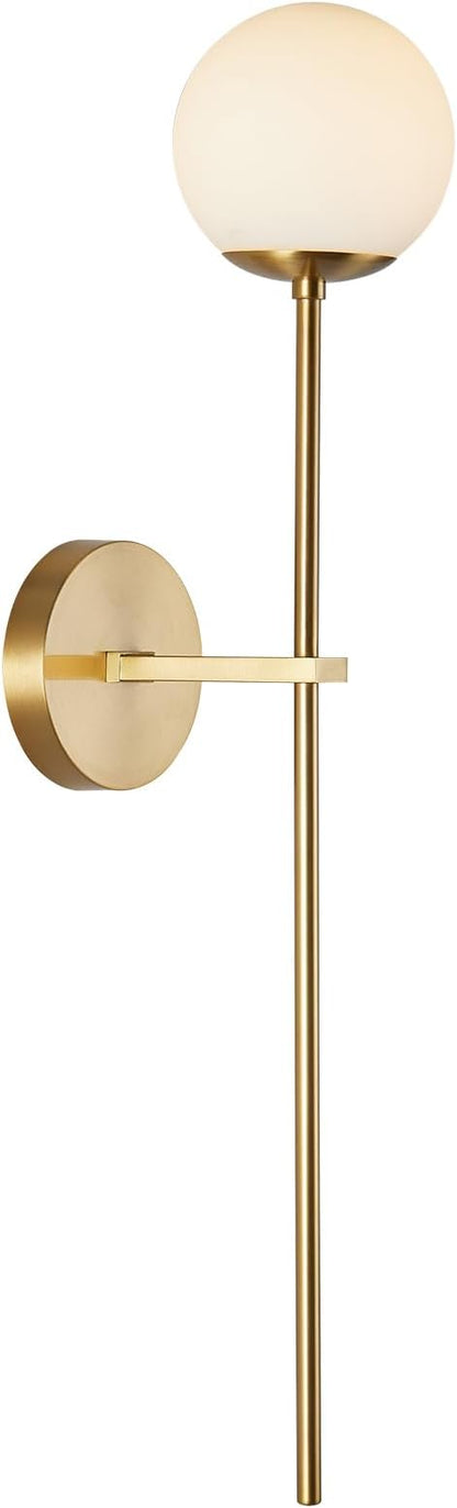 BOKT Mid Century Modern Long Wall Sconce Brushed Brass Bathroom Vanity Wall Sconce Lighting Small Gold Globe Wall Light White Glass Sphere Wall Lamp Antique Brass Wall Lighting
