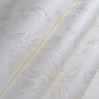 Cream White Damask Decorative Textured Floral Wallpaper Non-Woven Wall Paper Home Decoration,20.8 in X 393.00 in [ Not Peel and Stick ]