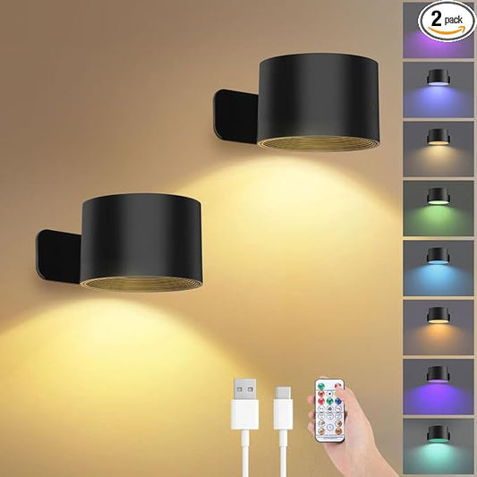 Lightess Rechargeable Wall Lights with Remote, 5000mAh Battery Operated Wall Sconce Set of 2, 19 Colors Dimmable Wall Mount Light, 360° Rotation Cordless Wall Lamps for Bedroom Bedside Hallway, Black