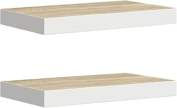 Floating Wall Shelf Set of 2, Oak and White Honeycomb MDF and Metal, Modern Display Shelves for Living Room or Office, Space Saving Storage, Easy Installation, Durable