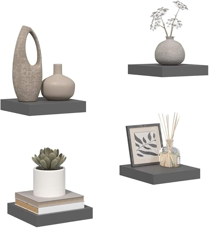 Set of 4 High Gloss Grey Floating Wall Shelves, Honeycomb MDF and Metal Compact Design for Modern Living Room Bedroom Office Storage Display