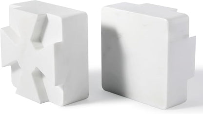 Decorative Square Marble Bookends for Heavy Books – Unique Book Ends for Shelves – Modern Aesthetic Book Holder/Stopper with Non-Slip Pads for Chic Home, Office, or Library Decor, White