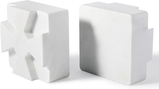 Decorative Square Marble Bookends for Heavy Books – Unique Book Ends for Shelves – Modern Aesthetic Book Holder/Stopper with Non-Slip Pads for Chic Home, Office, or Library Decor, White