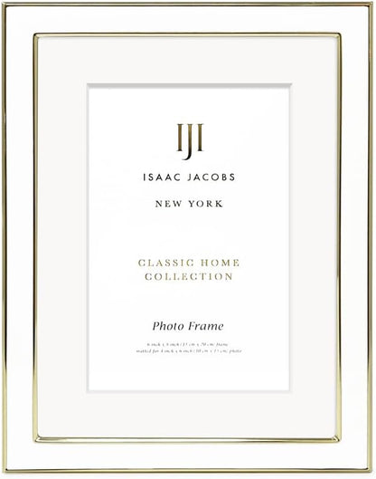 Isaac Jacobs 6x8 (Matted 4x6) White Enamel Picture Frame with Gold Metal Edge and Easel, Tabletop Display, Wall Décor, Photo Gallery, (6x8 (Matted 4x6), White with Gold)