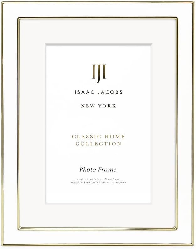 Isaac Jacobs 6x8 (Matted 4x6) White Enamel Picture Frame with Gold Metal Edge and Easel, Tabletop Display, Wall Décor, Photo Gallery, (6x8 (Matted 4x6), White with Gold)