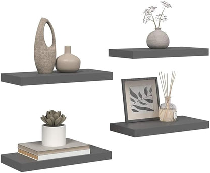 Set of 4 Glossy Grey Honeycomb MDF and Metal Floating Wall Shelves, Modern Storage with High-Gloss Finish for Living Room Bedroom Display, Easy Installation and Durable
