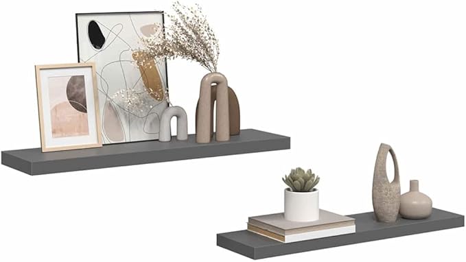 High Gloss Grey Floating Wall Shelf Set of 2, Honeycomb MDF and Metal Modern Storage for Bedroom or Office, Space Optimization and Sturdy Build with Invisible Mounting System