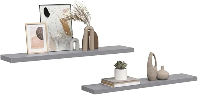 Set of 2 Gray Floating Wall Shelves, Honeycomb MDF and Metal Modern Shelving, 47.2 in x 9.3 in, Space-Saving Design for Living Room Bedroom Office, Durable and Easy