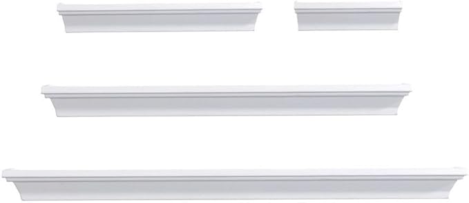 MELANNCO Floating Wall Shelves Set of 4, White Wood Display Shelves for Wall, Includes 6, 12, 20 and 24 Inch Sizes with Raised Edges and Mounting Hardware for Room Decor, Home Decor