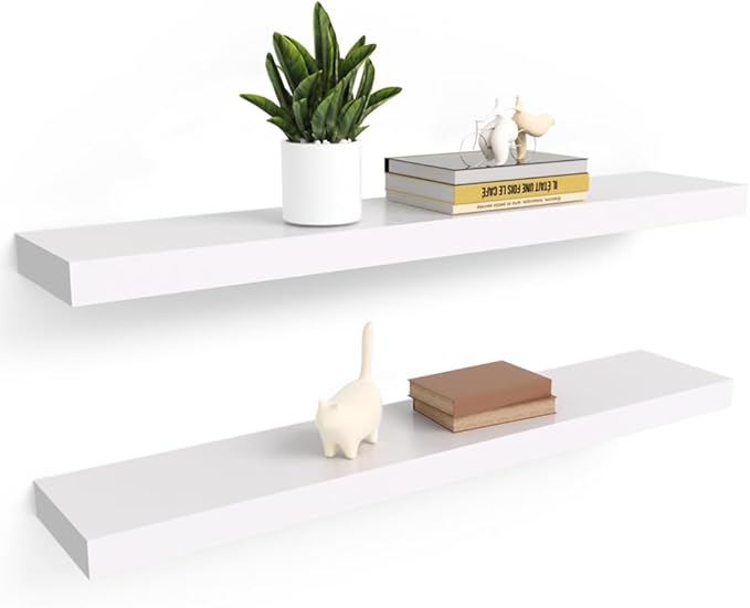 Habudda Floating Shelves for Wall, 35.5 Inch Long Natural Wood Shelf, White Rustic Decor for Bathroom Kitchen Bedroom, Hanging Mounted Invisible Bracket, Set of 2