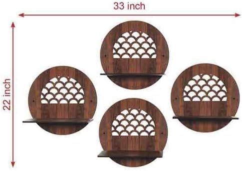 Round Decorative Wall Mounted Floating Shelves, Wooden Scalloped Design, Set of 4, Brown