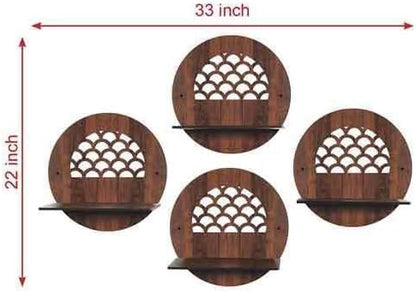 Round Decorative Wall Mounted Floating Shelves, Wooden Scalloped Design, Set of 4, Brown