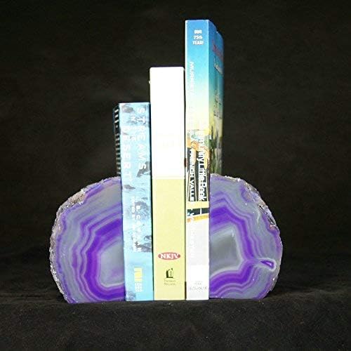 JIC Gem Dyed Purple Natural Agate Bookends Polished Stone Book Ends Crystal Geode Bookends for Shelves to Hold Books with Rubber Bumpers(1 Pair, 3-4 LBS)