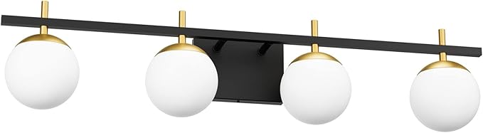 Ralbay Mid Century Modern Vanity Light Fixture 4-Light Milky Glass Modern Bathroom Vanity Lights Over Mirror, Black/Golden Modern Vanity Light for Bathroom Black and Gold 4 Light(Exclude Bulb)