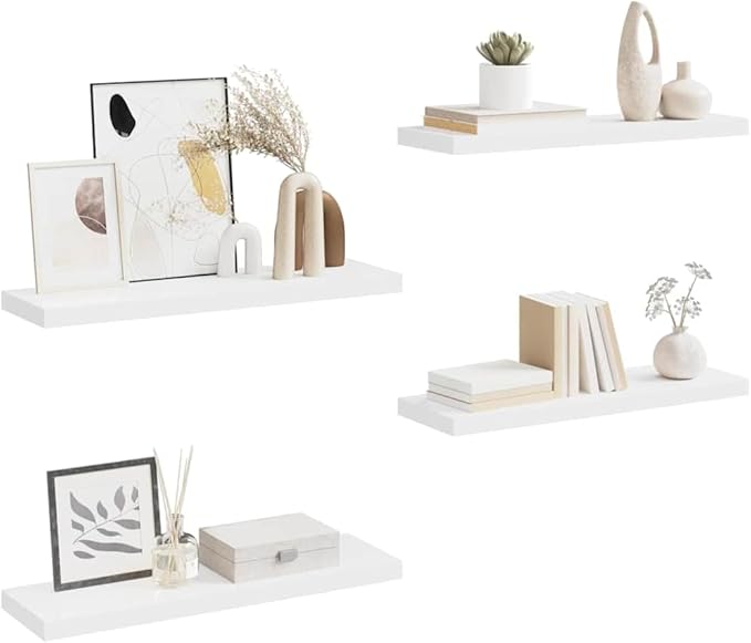 Set of 4 White Floating Wall Shelves, Honeycomb MDF and Metal Construction 31.5x9.3x1.5 Inches, Modern Invisible Mounting System for Living Room Bedroom Office Storage