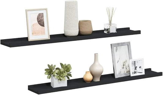 Black Frame Ledge Shelf Set of 2, Modern Wall Mounted Shelves for Display, Durable MDF with Lacquered Finish, 31.5 Inch Length for Photos and Decor