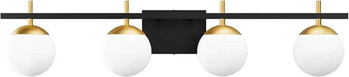 Ralbay Mid Century Modern Vanity Light Fixture 4-Light Milky Glass Modern Bathroom Vanity Lights Over Mirror, Black/Golden Modern Vanity Light for Bathroom Black and Gold 4 Light(Exclude Bulb)