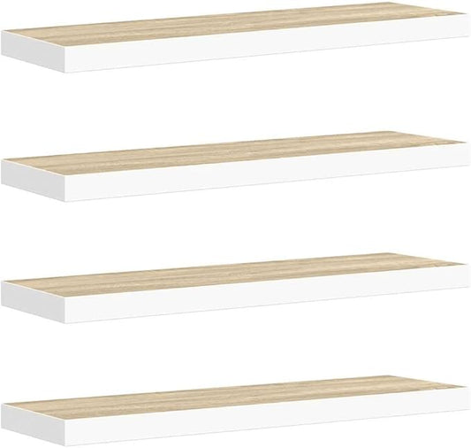 Set of 4 Oak and White Honeycomb MDF Floating Wall Shelves with Metal Brackets, 31.5 Inch Long Modern Display Shelves for Home Office Decor, Space-Saving Storage Solution,
