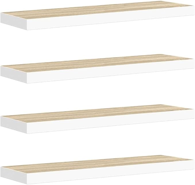 Wall Shelf Set of 4 Oak and White Honeycomb MDF Metal Floating Shelves 31.5 Inch Long Modern Display Storage for Home Office