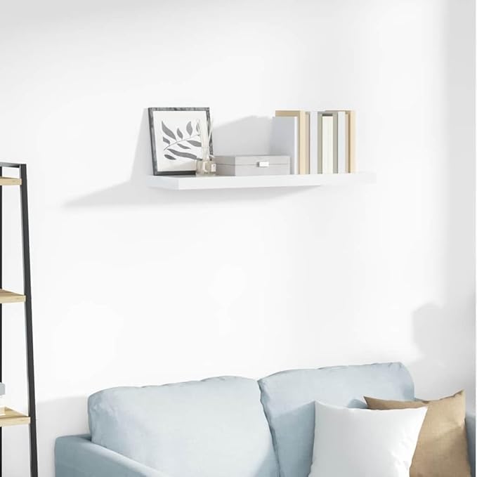 High Gloss White Floating Wall Shelf with Invisible Mounting System, 31.5 Inch Long and 9.3 Inch Wide, Durable MDF Construction for Modern Home Decor and Display Storage
